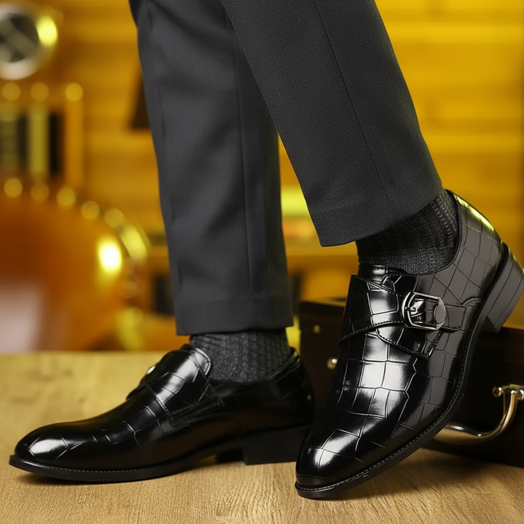 Dasfirin | Crocodile-Pattern Slip-On Loafers for Men – Stylish Buckle Details & Tapered Toe