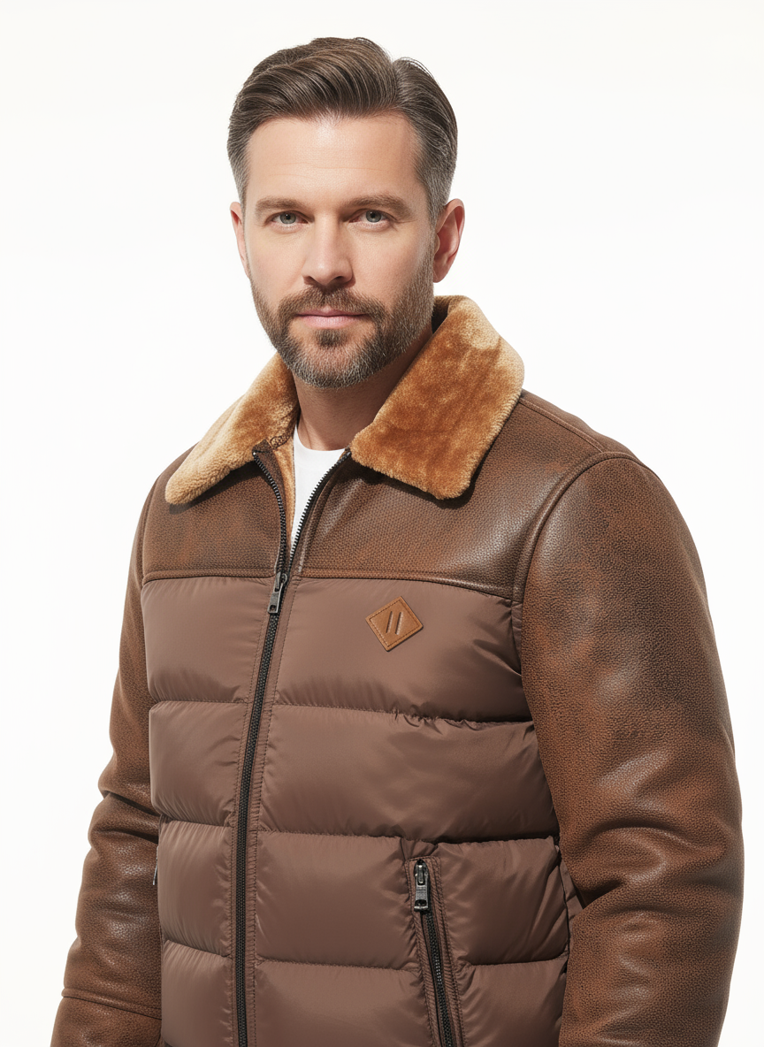 Men’s Casual Puffer Jacket with Faux Fur Collar – Warm Solid Color Zip-Up Coat