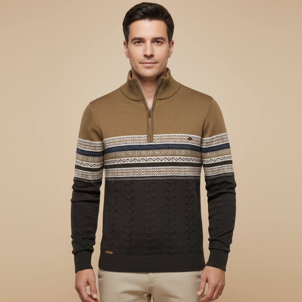 The Chatsworth Men's Quarter Zip Cotton Sweater – Fair Isle Knit