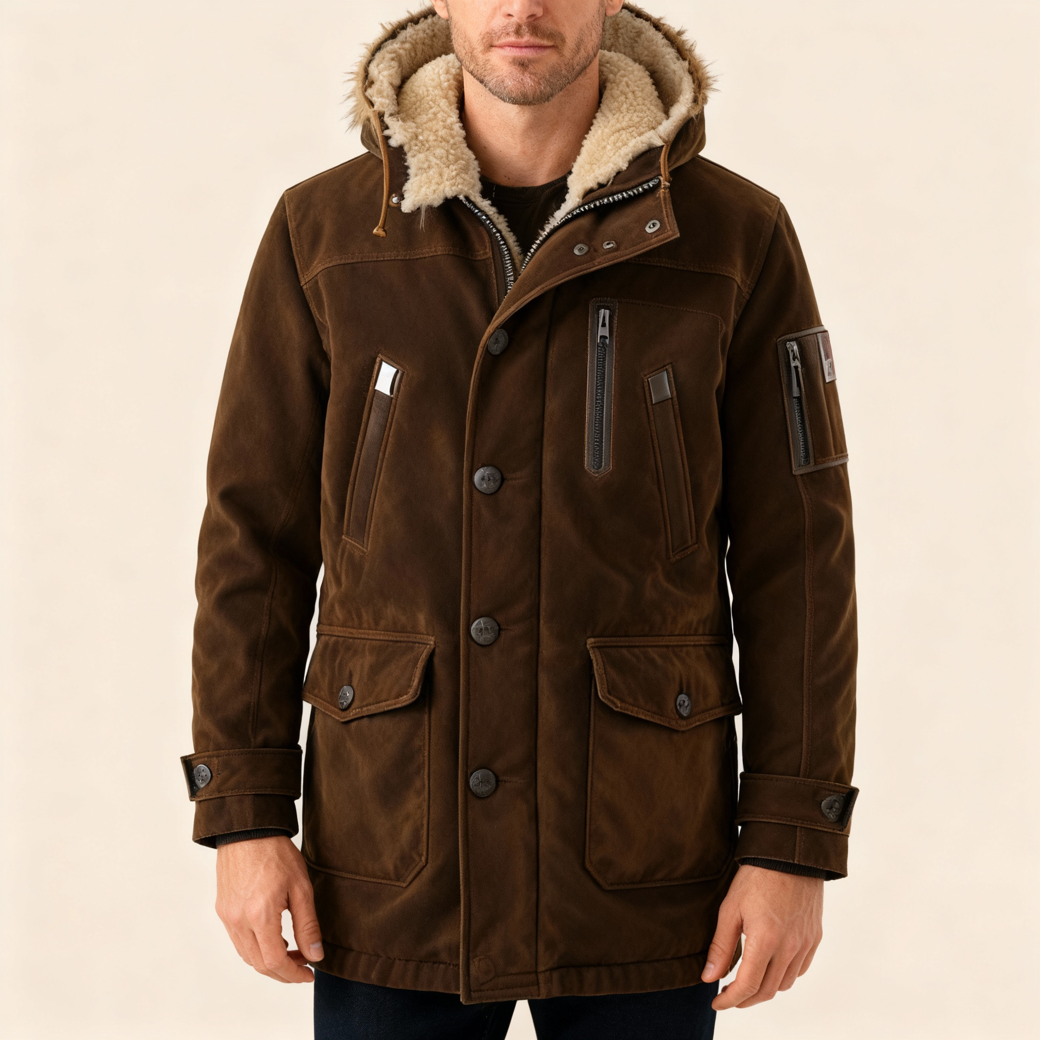 Men’s Brown Fur Lined Parka Heavy Winter Utility Coat Warm Hooded Jacket