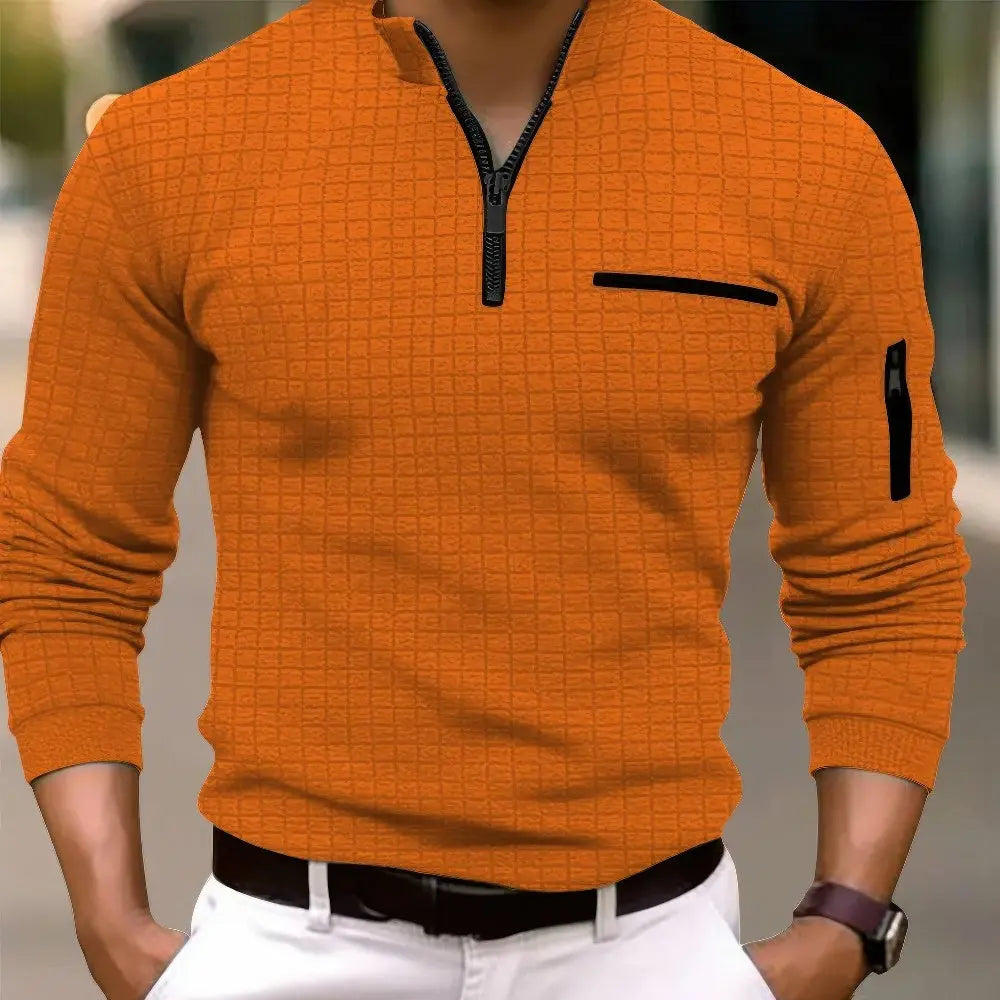 Men's Casual Cotton Long Sleeve Polo Shirt Pocket Zipper