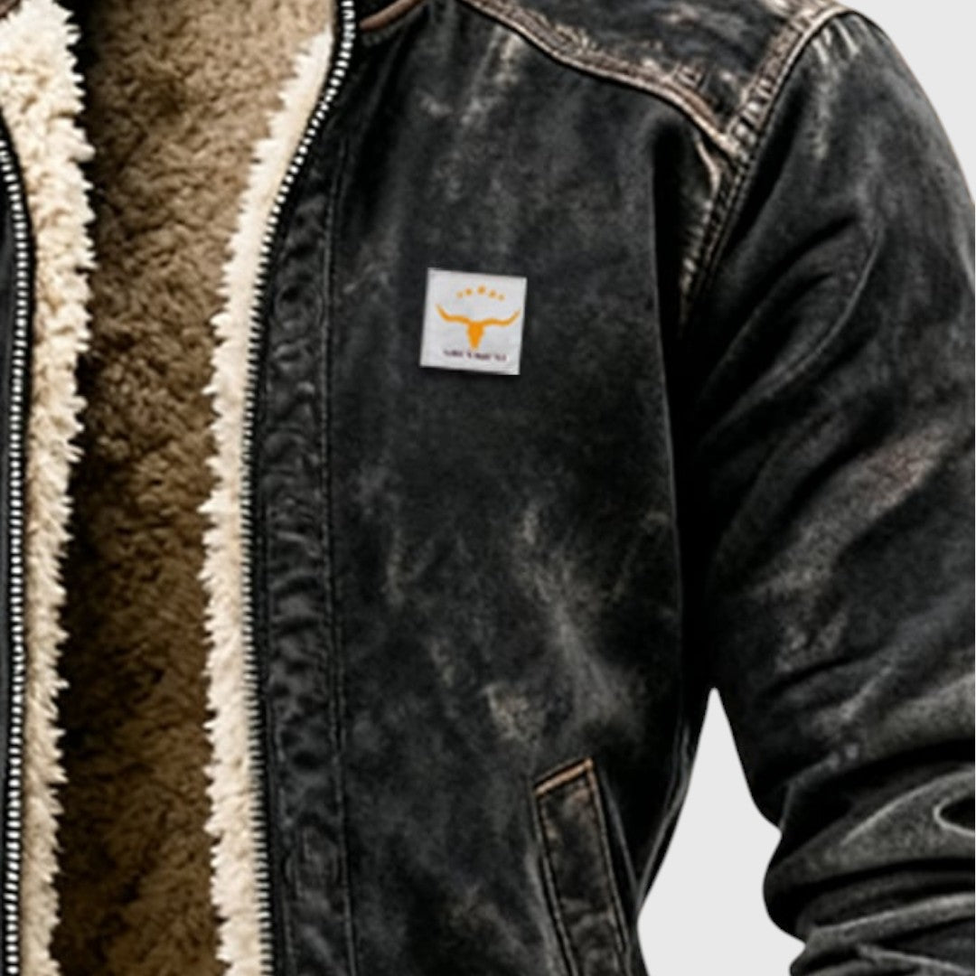 Stefan Men’s Distressed Leather-Effect Jacket with Fleece Inside Warmth