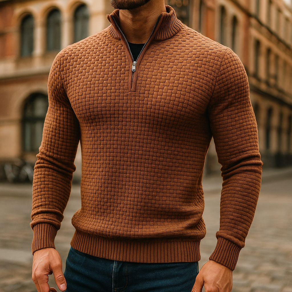 Wool Waffle Knit Quarter Zip Sweater