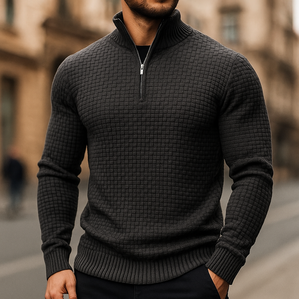 Wool Waffle Knit Quarter Zip Sweater