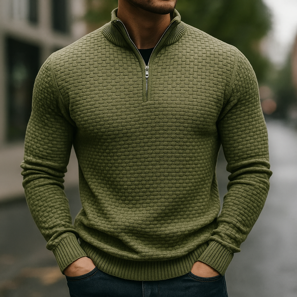 Wool Waffle Knit Quarter Zip Sweater