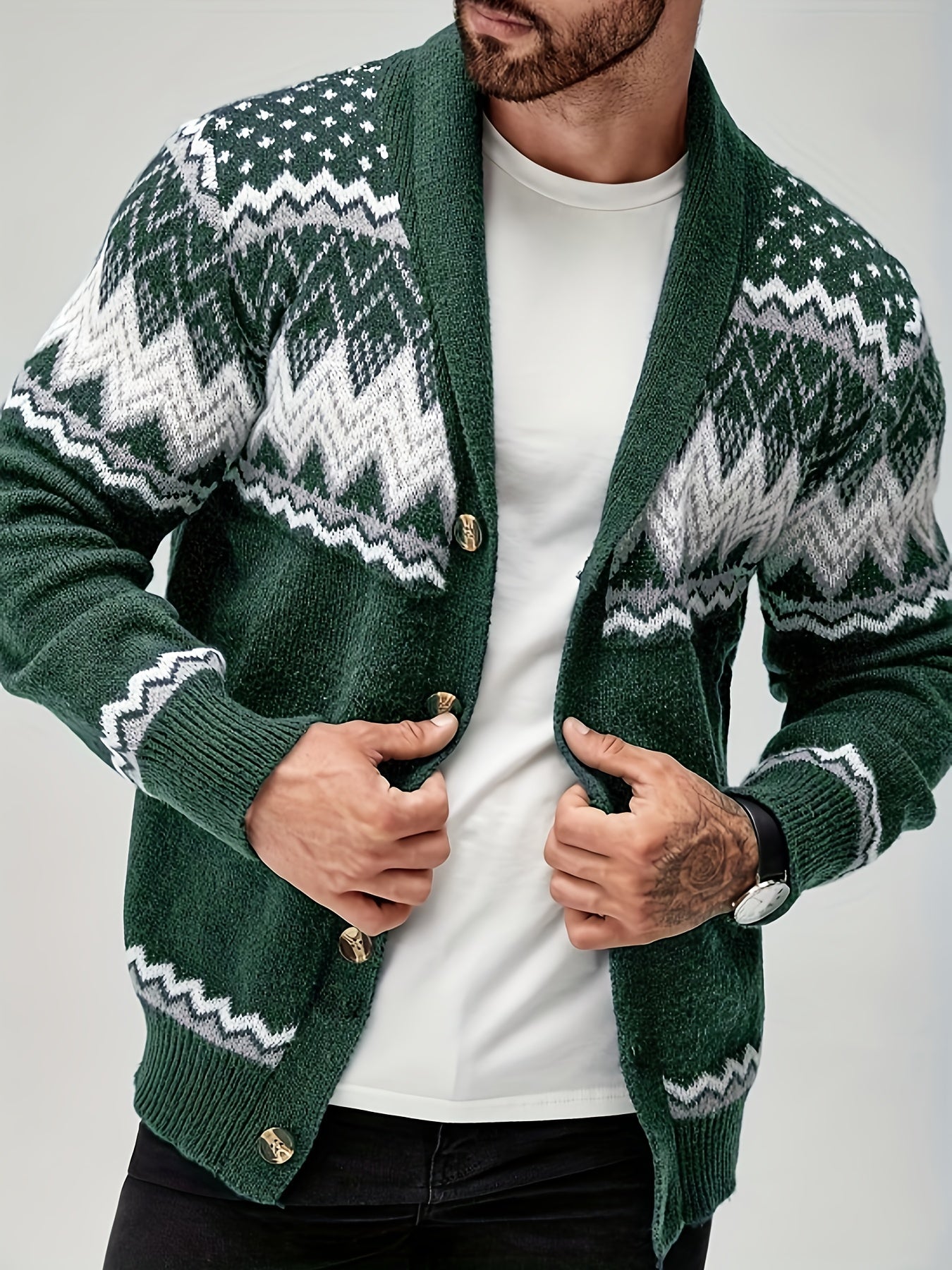 Men’s Geometric Pattern Cardigan – Button-Up Knit Sweater for Fall & Winter