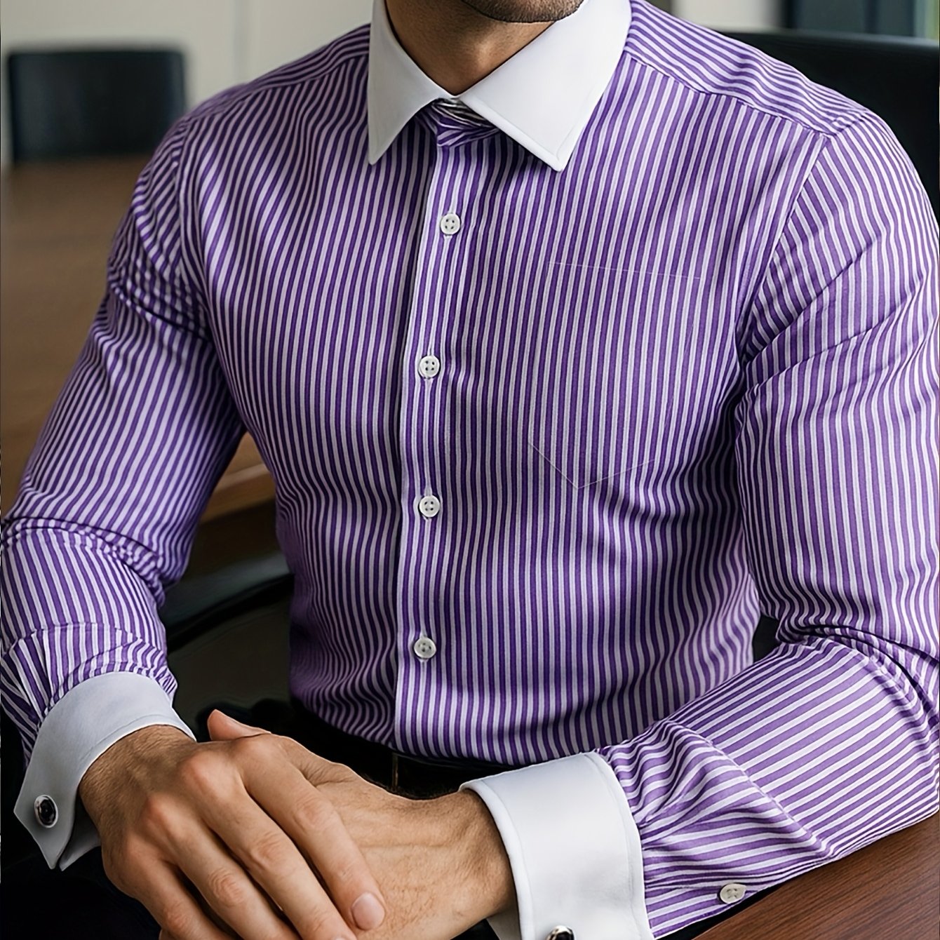 Men’s French Cuff Dress Striped Shirt Blouse | Double Cuff Formal Business Shirt