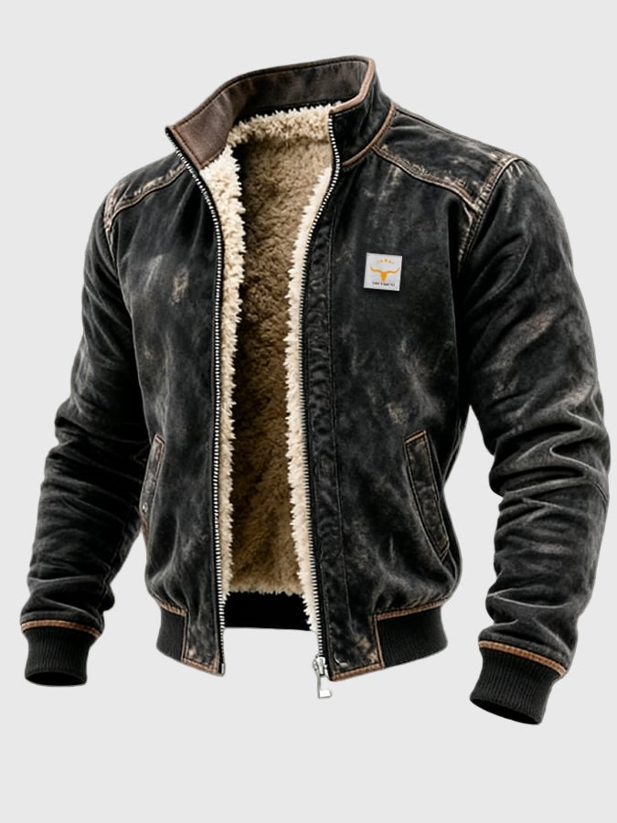 Stefan Men’s Distressed Leather-Effect Jacket with Fleece Inside Warmth