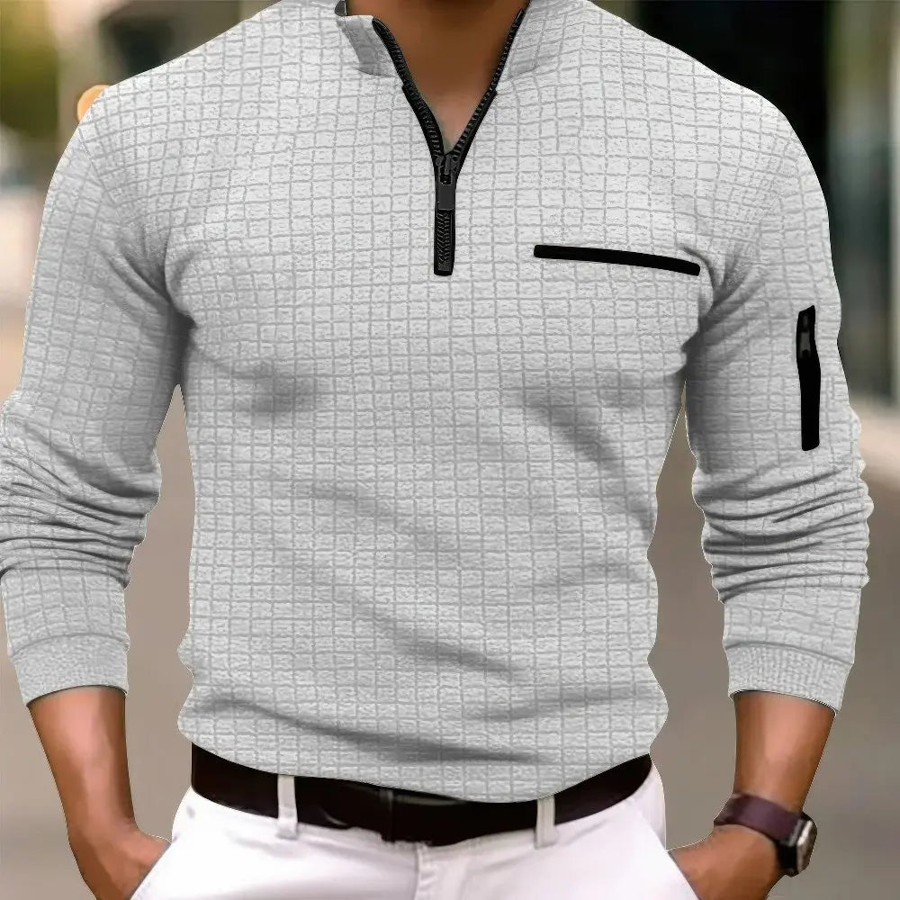Men's Casual Cotton Long Sleeve Polo Shirt Pocket Zipper