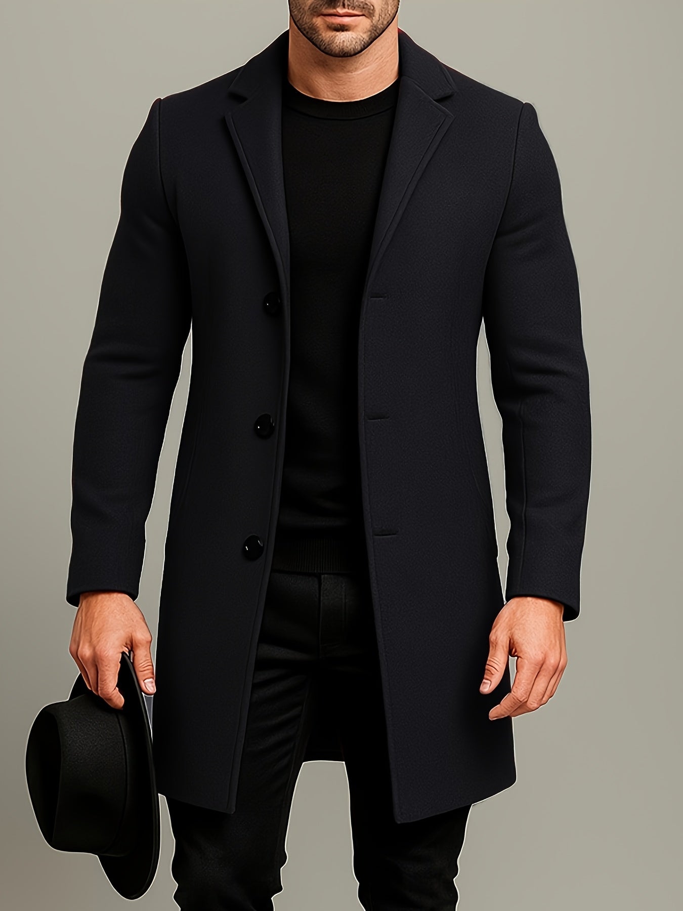 Men's Mid-Length Single-Breasted Tweed Overcoat Solid Color Trench Coat