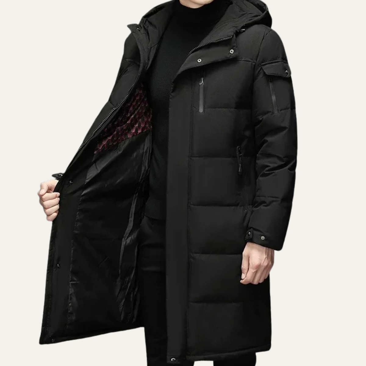 The Woking Men’s Thermal Longline Black Puffer Coat with Hood