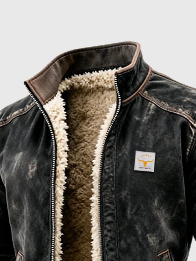 Stefan Men’s Distressed Leather-Effect Jacket with Fleece Inside Warmth