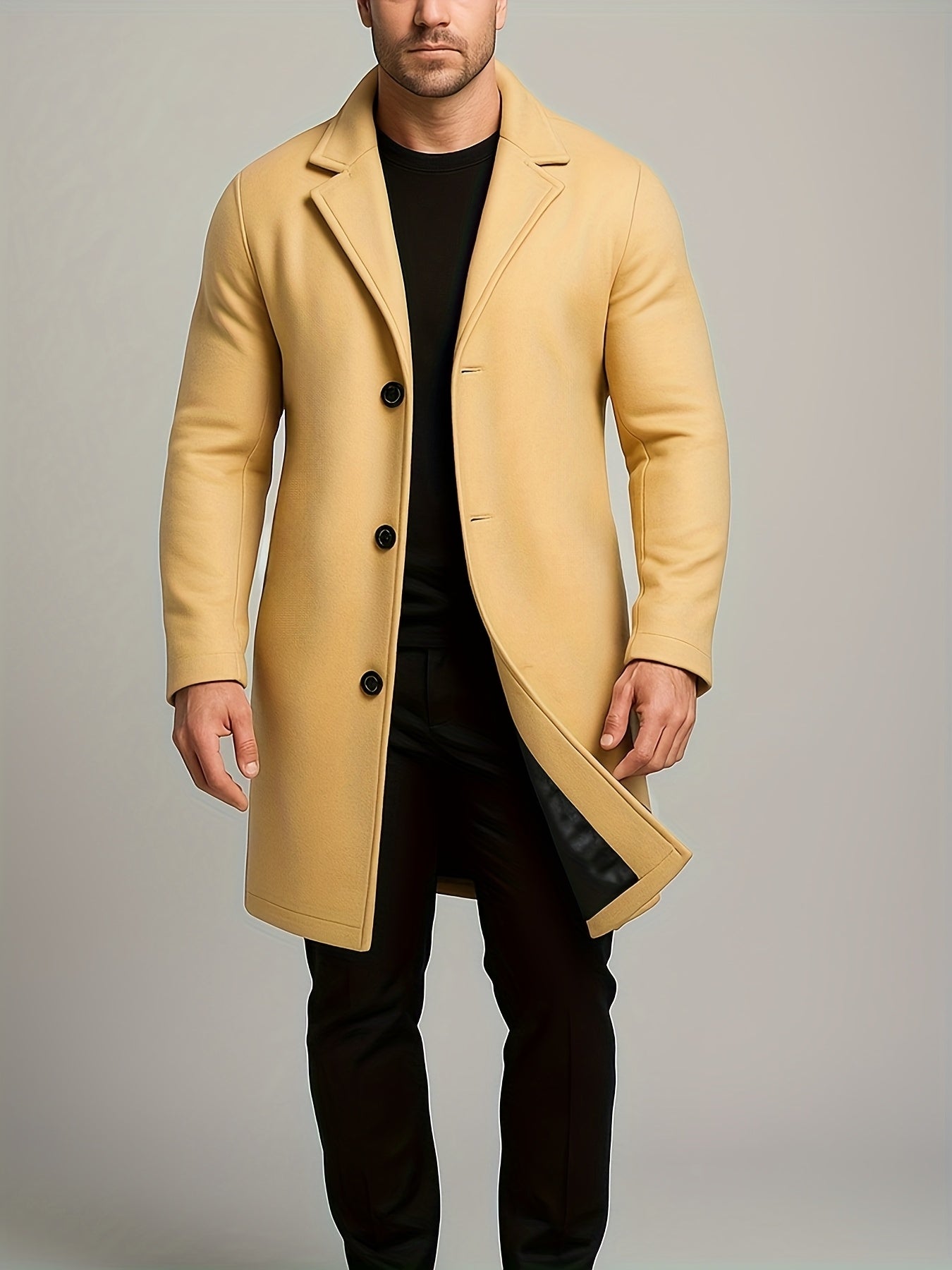 Men's Mid-Length Single-Breasted Tweed Overcoat Solid Color Trench Coat