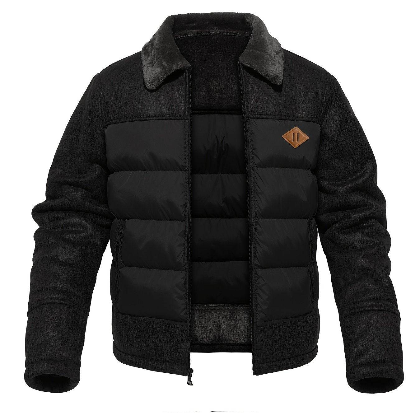 Men’s Casual Puffer Jacket with Faux Fur Collar – Warm Solid Color Zip-Up Coat