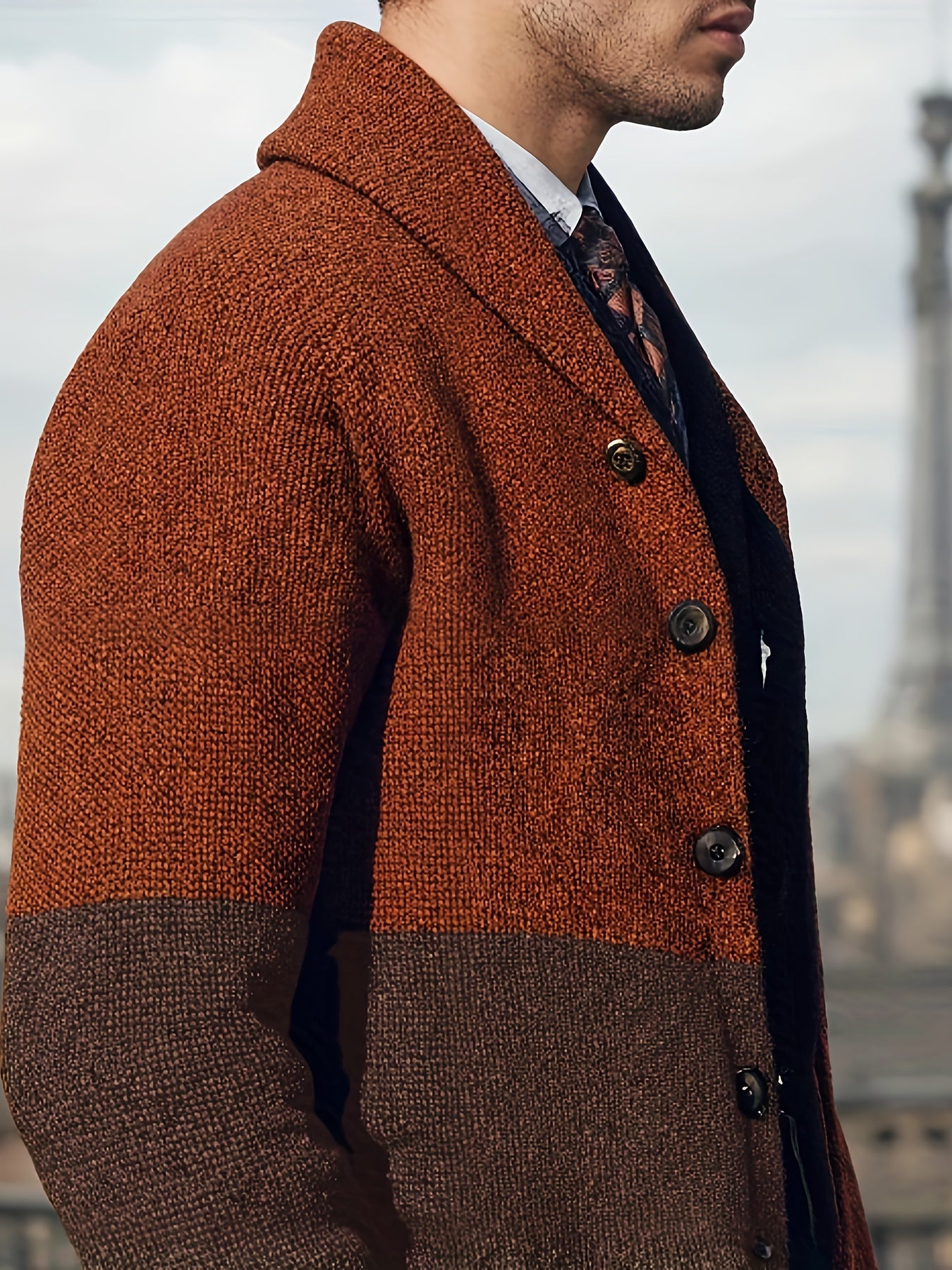 Men’s Thick Warm Cardigan – Block Knit Button-Up Jacket