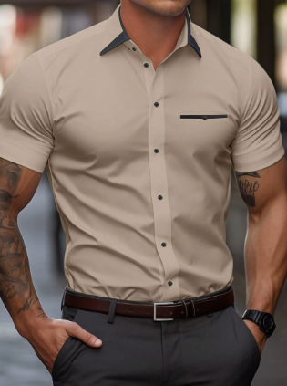 Dasfirin | Men's Basic Short-Sleeve Shirt – Solid Color with Turn-Down Collar and Button-Up Front