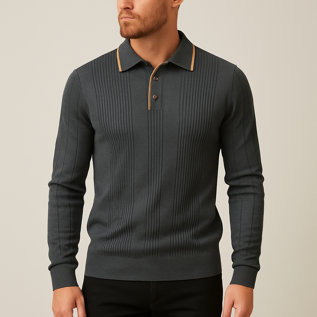 Langford Men Polo Knit Shirt Long Sleeve Button