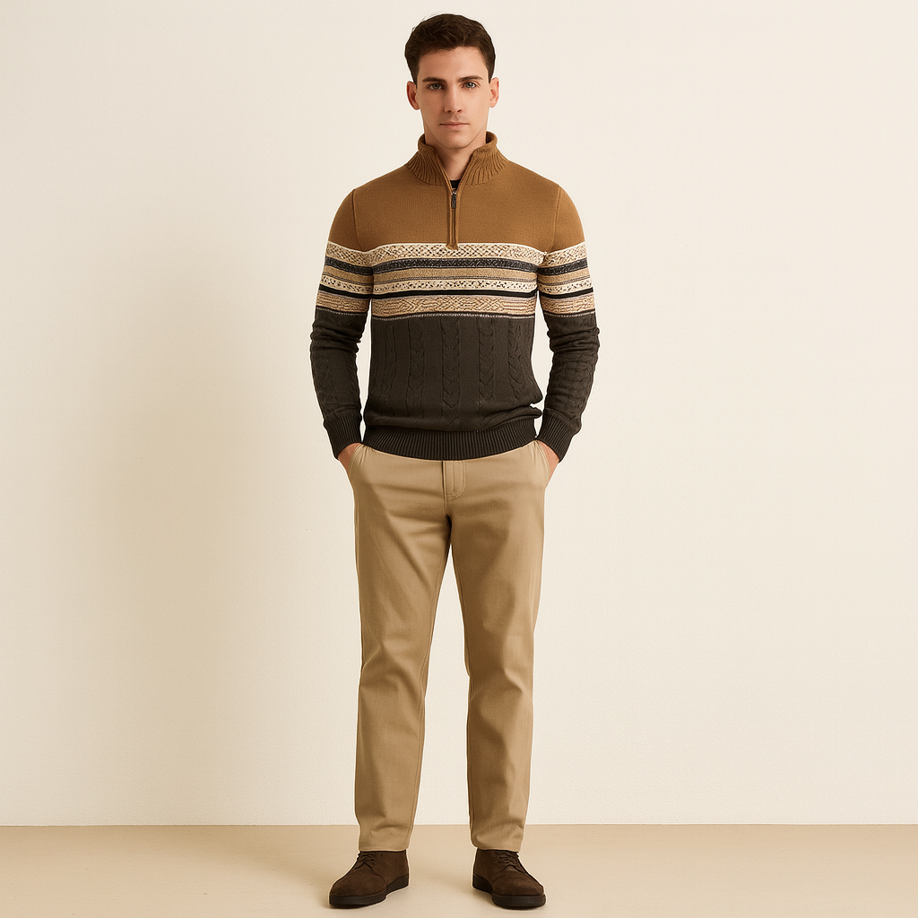 The Chatsworth Men's Quarter Zip Cotton Sweater – Fair Isle Knit
