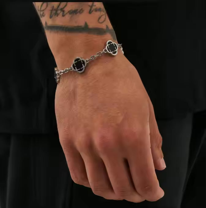 Clover Onxy Stone Bracelet Silver - Black