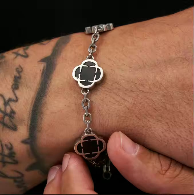 Clover Onxy Stone Bracelet Silver - Black