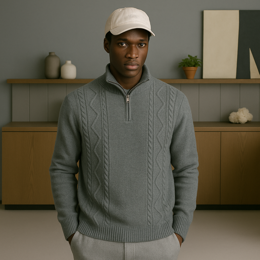 Elegant Cashmere Half-Zip Sweater for Men, Cable Knit Design, Luxurious Softness and Warmth
