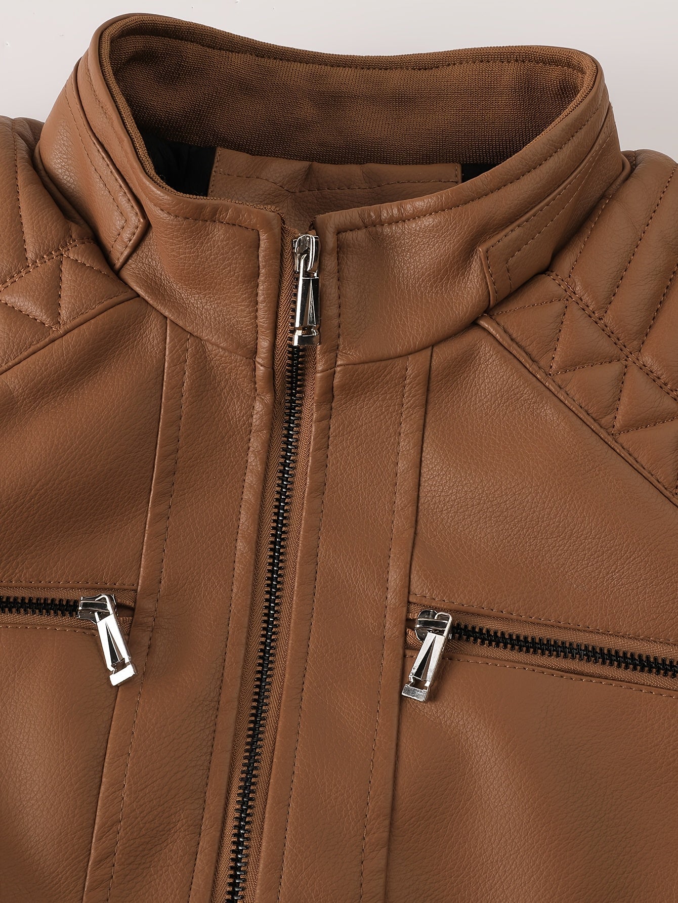 Men’s Leather Fleece Jacket – Stand Collar Biker Design for Autumn & Winter
