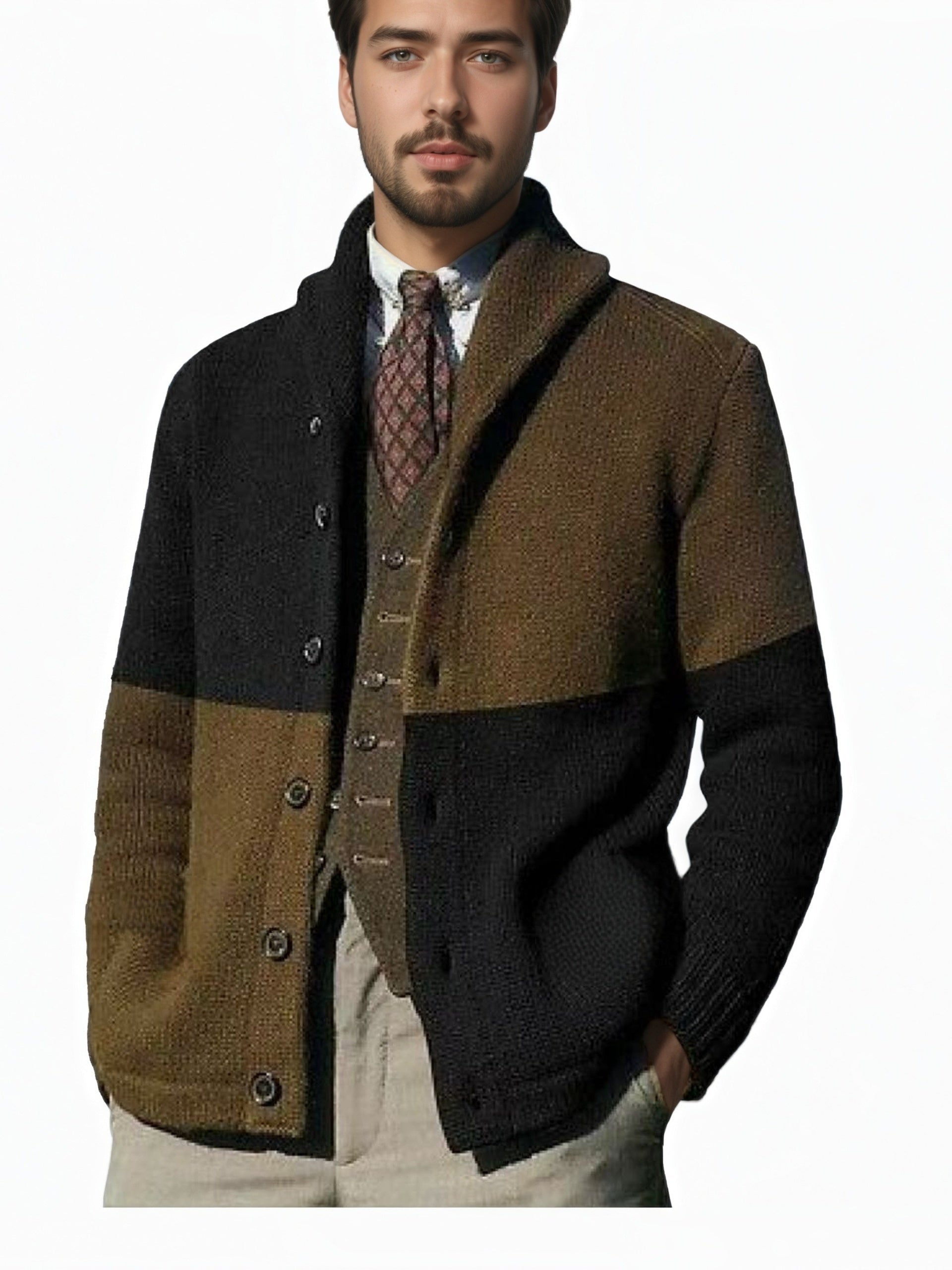 Men’s Thick Warm Cardigan – Block Knit Button-Up Jacket