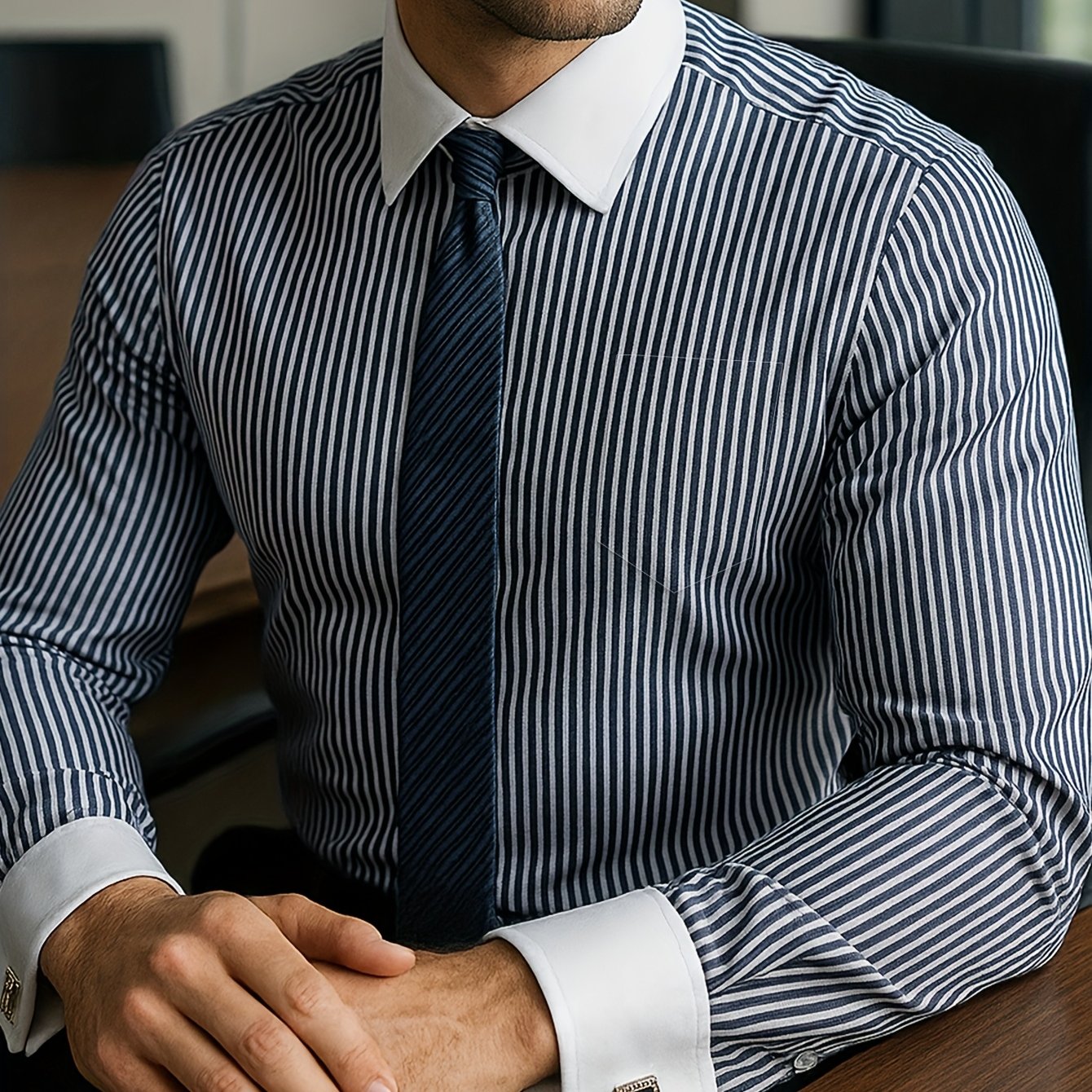 Men’s French Cuff Dress Striped Shirt Blouse | Double Cuff Formal Business Shirt