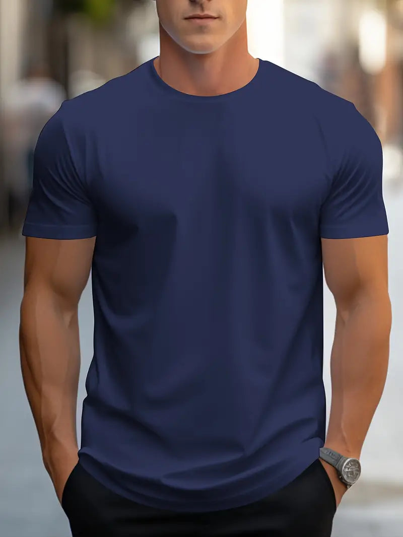 Men’s Solid Color T-Shirt – Crew Neck Streetwear Style in Polyester
