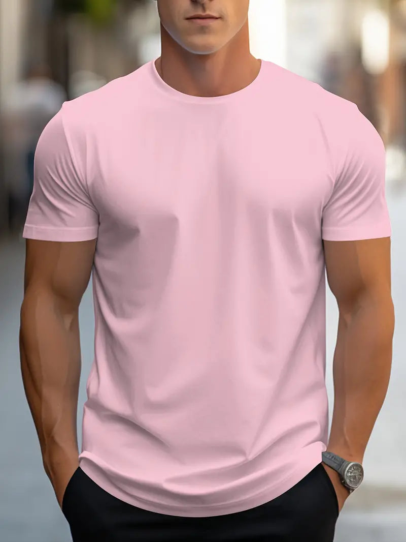Men’s Solid Color T-Shirt – Crew Neck Streetwear Style in Polyester