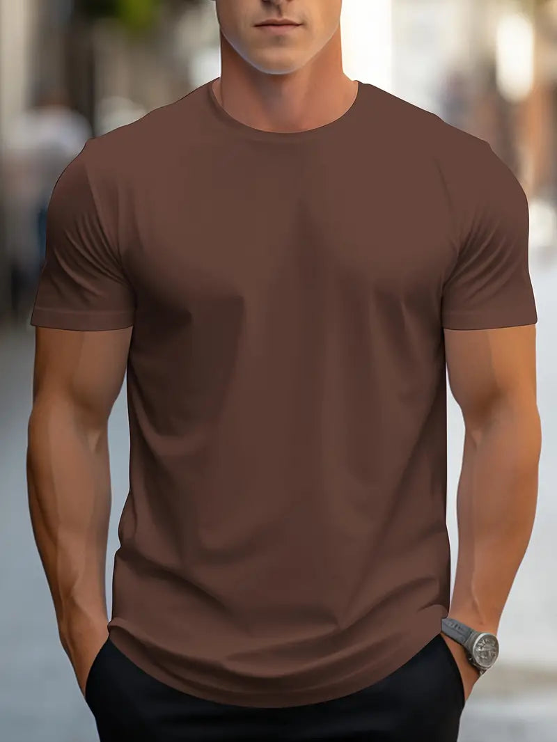 Men’s Solid Color T-Shirt – Crew Neck Streetwear Style in Polyester