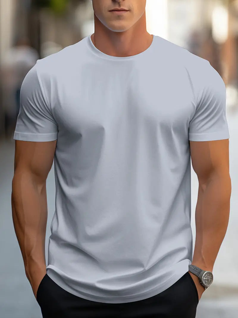 Men’s Solid Color T-Shirt – Crew Neck Streetwear Style in Polyester