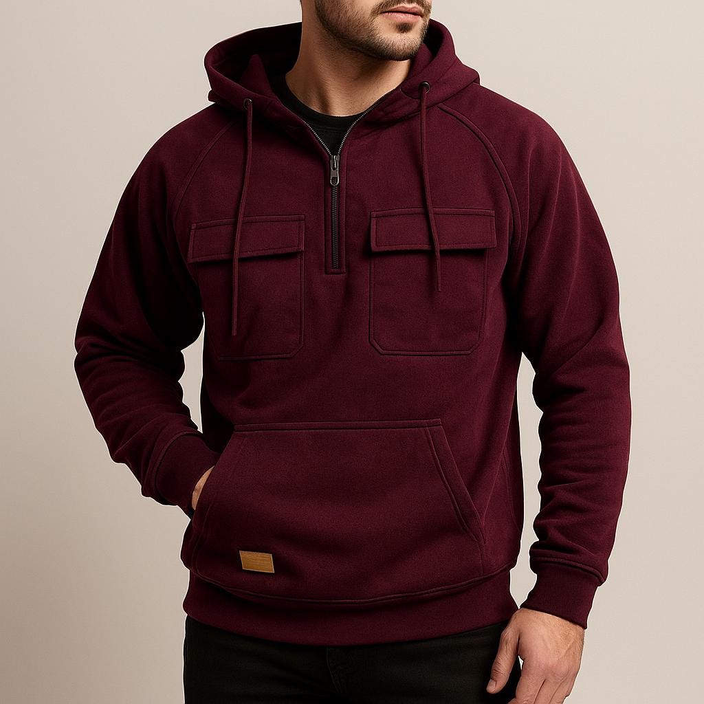 Men’s Cargo Hooded Pullover with Half-Zip Design
