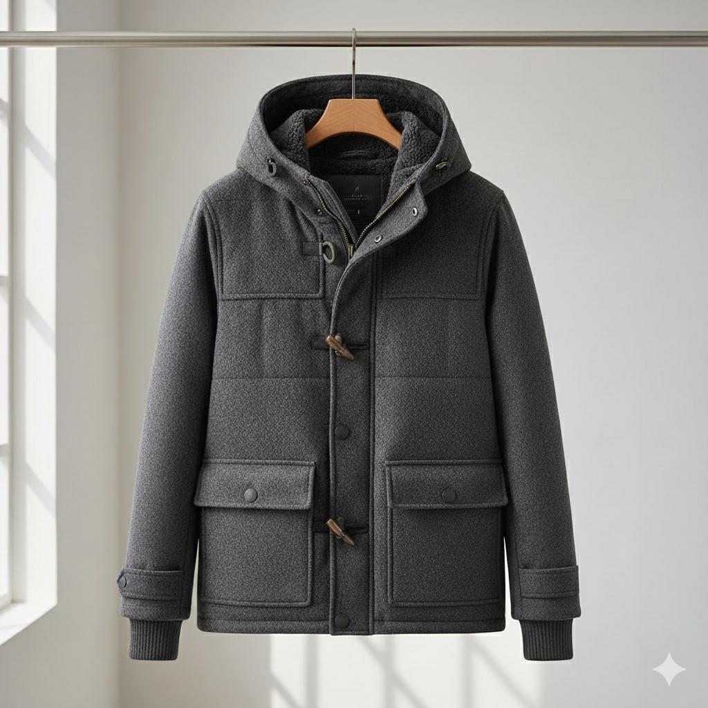 Men’s Darkgrey Wool Toggle Coat with Hood – Handmade Winter Jacket, Warm Wool Duffle