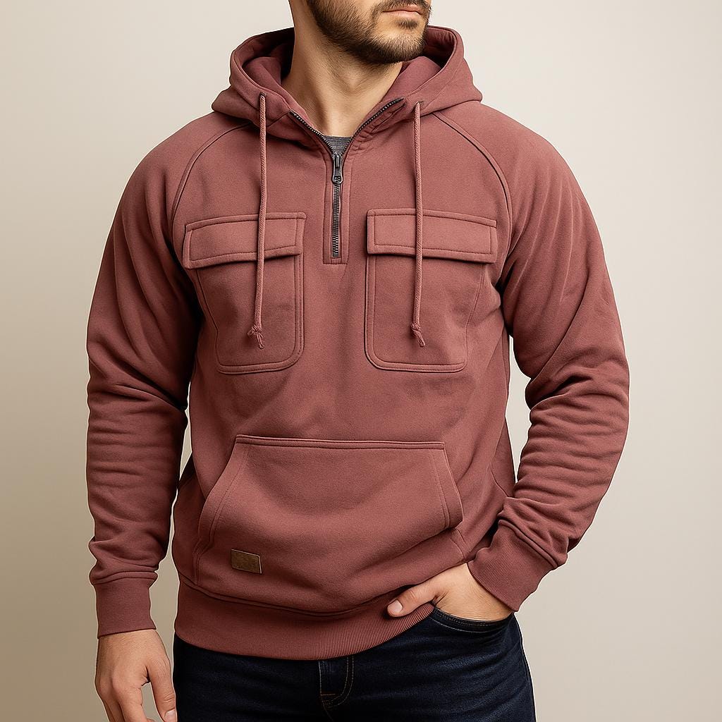 Men’s Cargo Hooded Pullover with Half-Zip Design