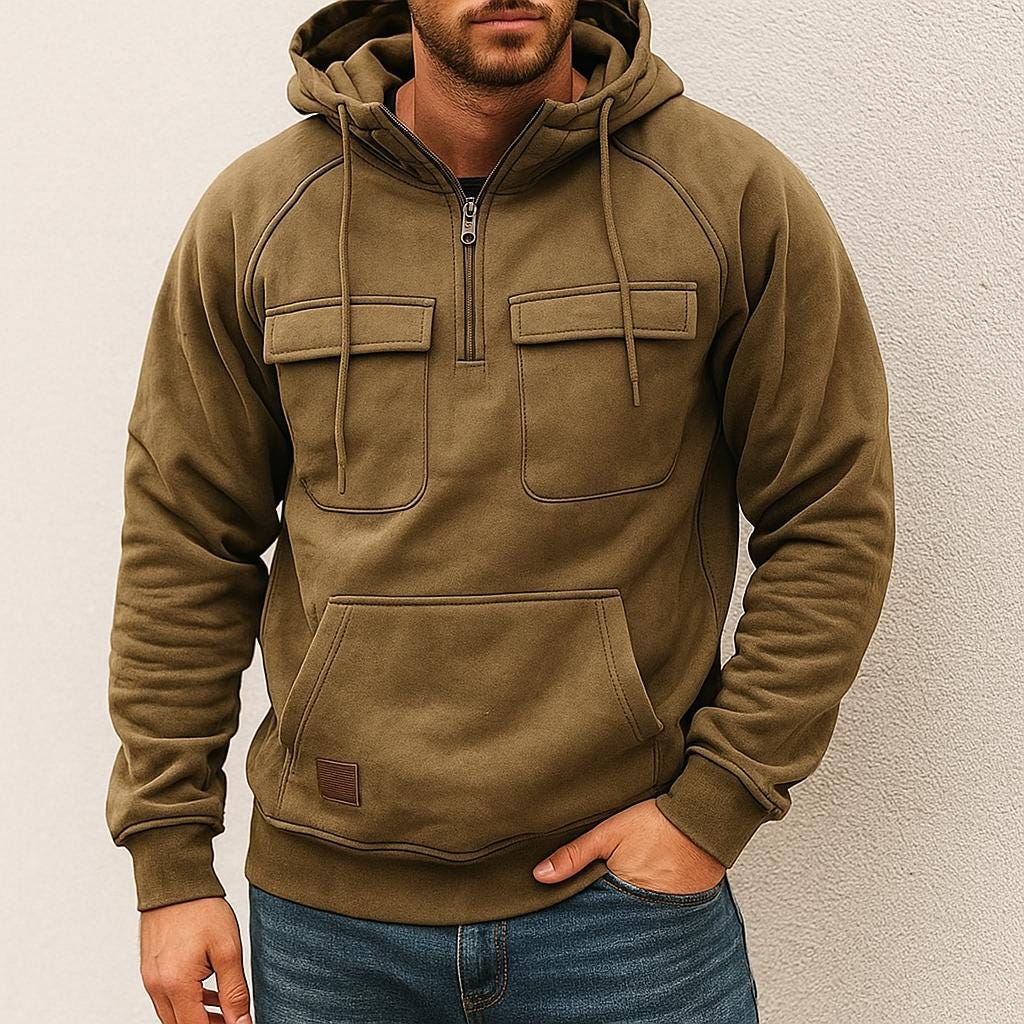 Men’s Cargo Hooded Pullover with Half-Zip Design