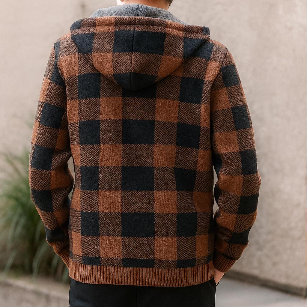 Men’s Zip-Up Block Pattern Hooded Jacket – Check Pattern Design