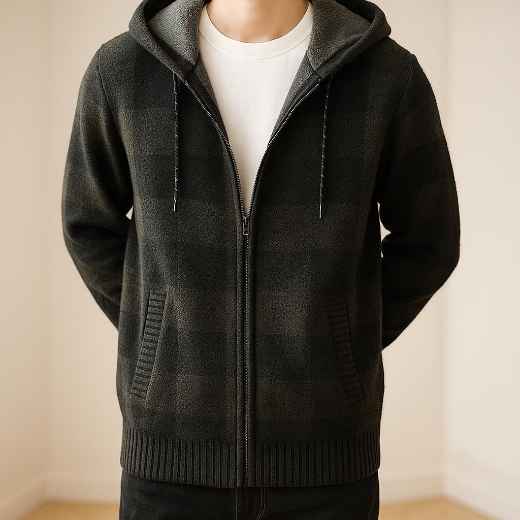 Men’s Zip-Up Block Pattern Hooded Jacket – Check Pattern Design