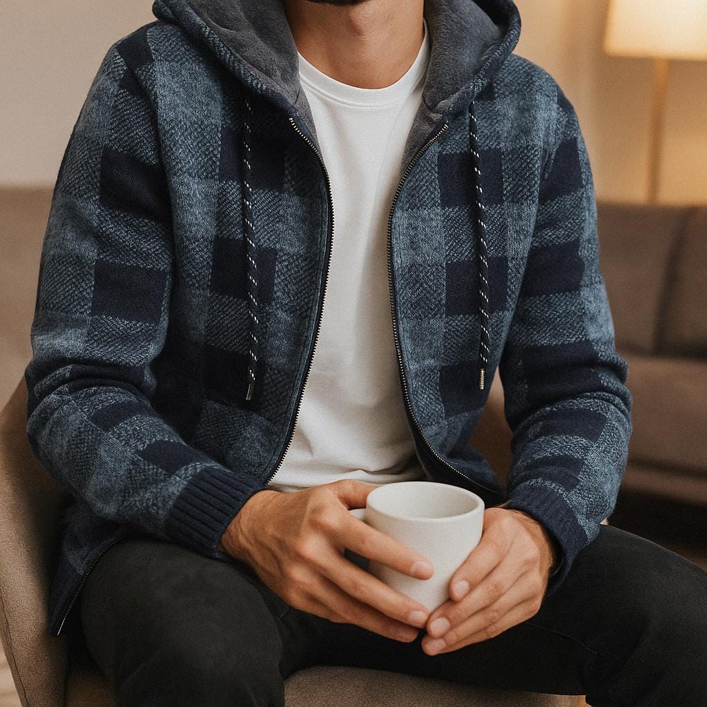 Men’s Zip-Up Block Pattern Hooded Jacket – Check Pattern Design