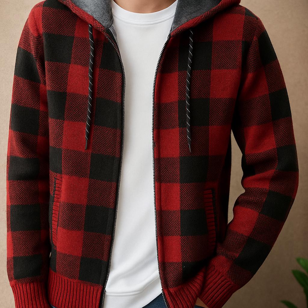 Men’s Zip-Up Block Pattern Hooded Jacket – Check Pattern Design