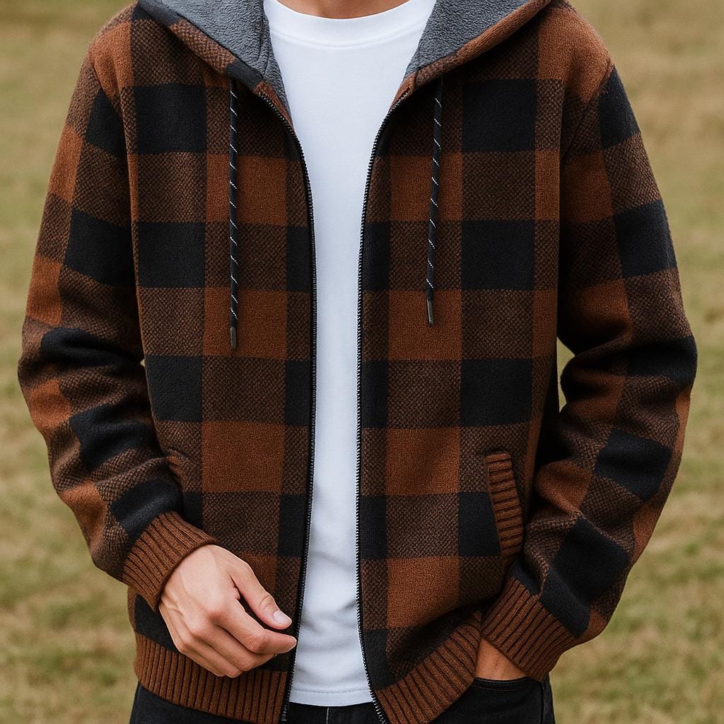 Men’s Zip-Up Block Pattern Hooded Jacket – Check Pattern Design