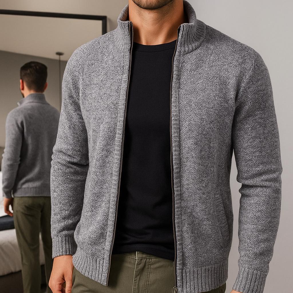 Men’s Zip-Up Cardigan – Check Pattern Lined Design