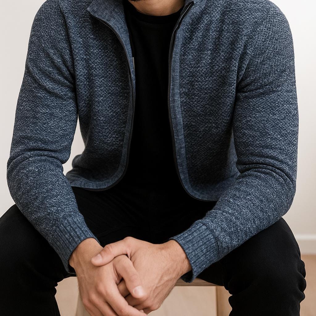 Men’s Zip-Up Cardigan – Check Pattern Lined Design