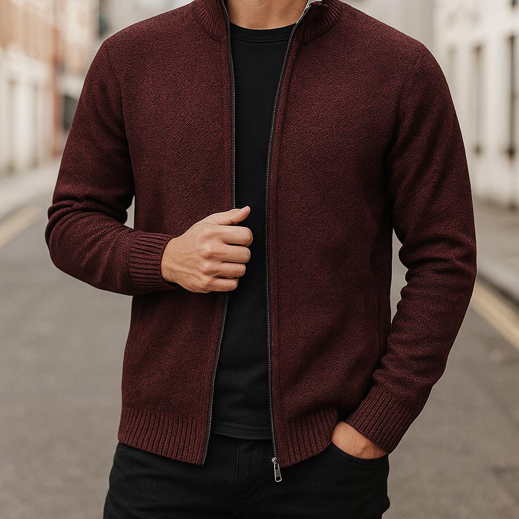 Men’s Zip-Up Cardigan – Check Pattern Lined Design