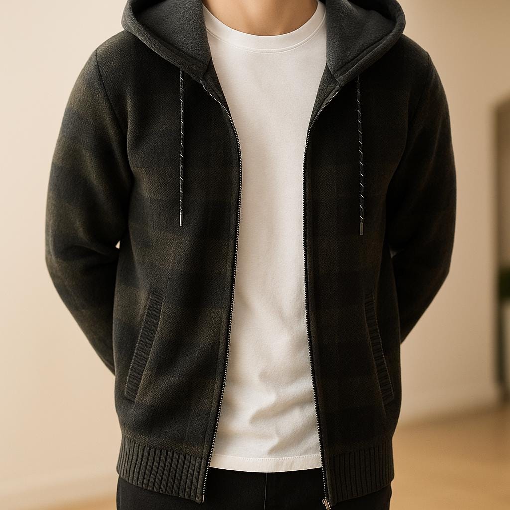 Men’s Zip-Up Block Pattern Hooded Jacket – Check Pattern Design