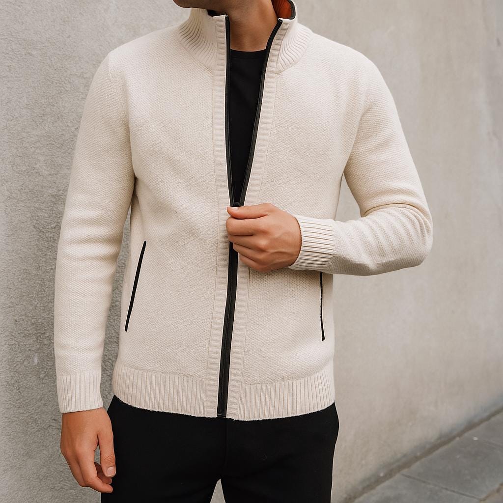 Men’s Zip-Up Cardigan – Check Pattern Lined Design