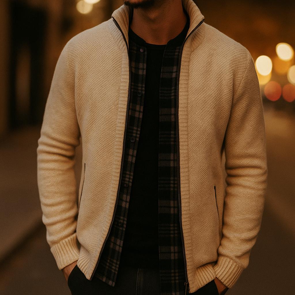 Men’s Zip-Up Cardigan – Check Pattern Lined Design