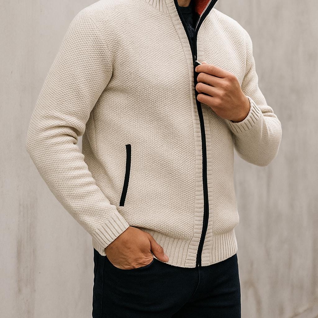 Men’s Zip-Up Cardigan – Check Pattern Lined Design