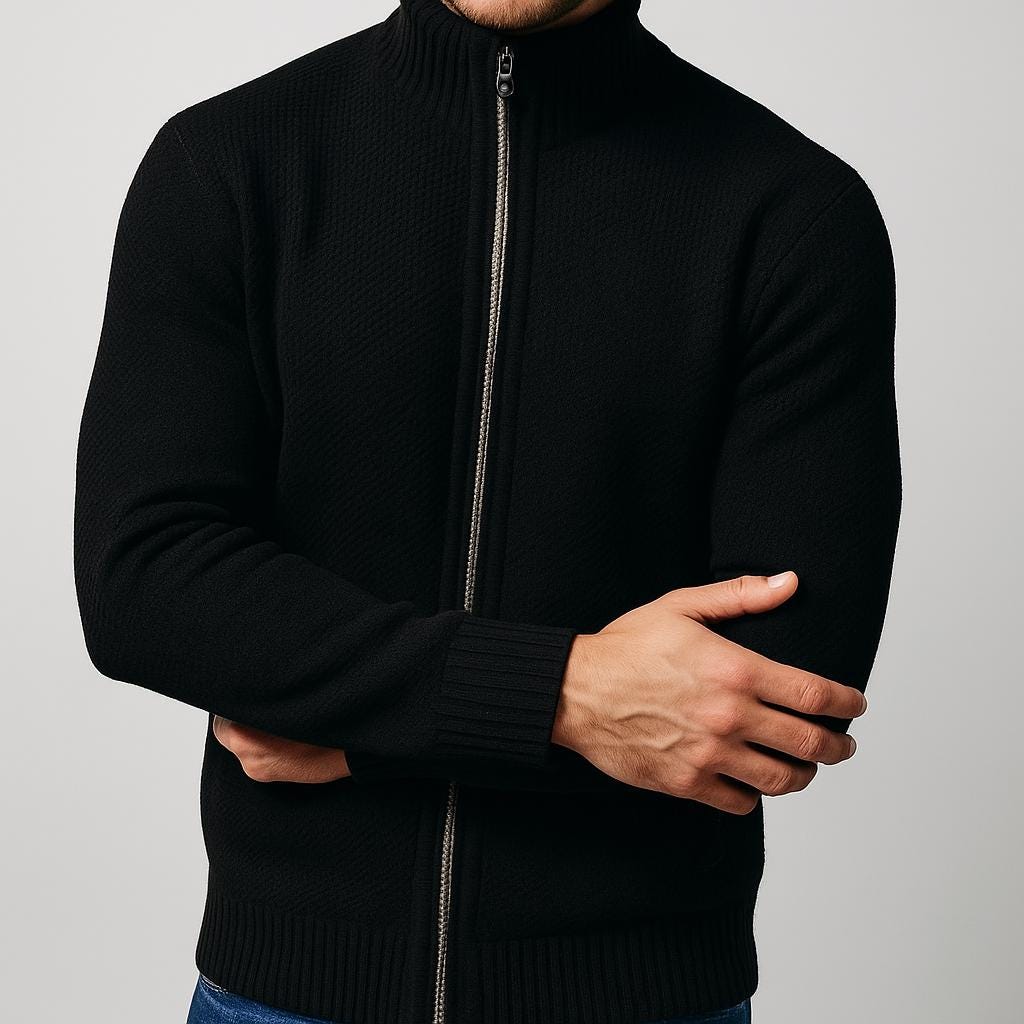 Men’s Zip-Up Cardigan – Check Pattern Lined Design