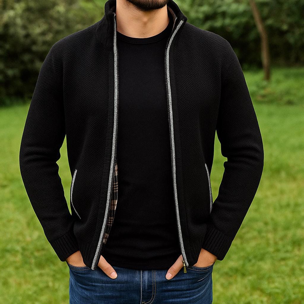 Men’s Zip-Up Cardigan – Check Pattern Lined Design